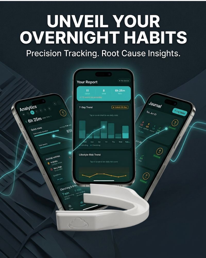 Jawvana app screens showing overnight reports, analytics, and journal