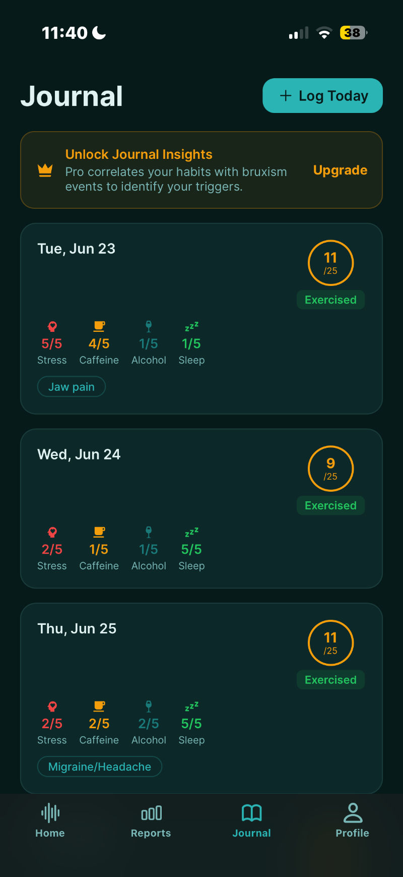 Jawvana journal screen tracking stress, caffeine, alcohol, and sleep