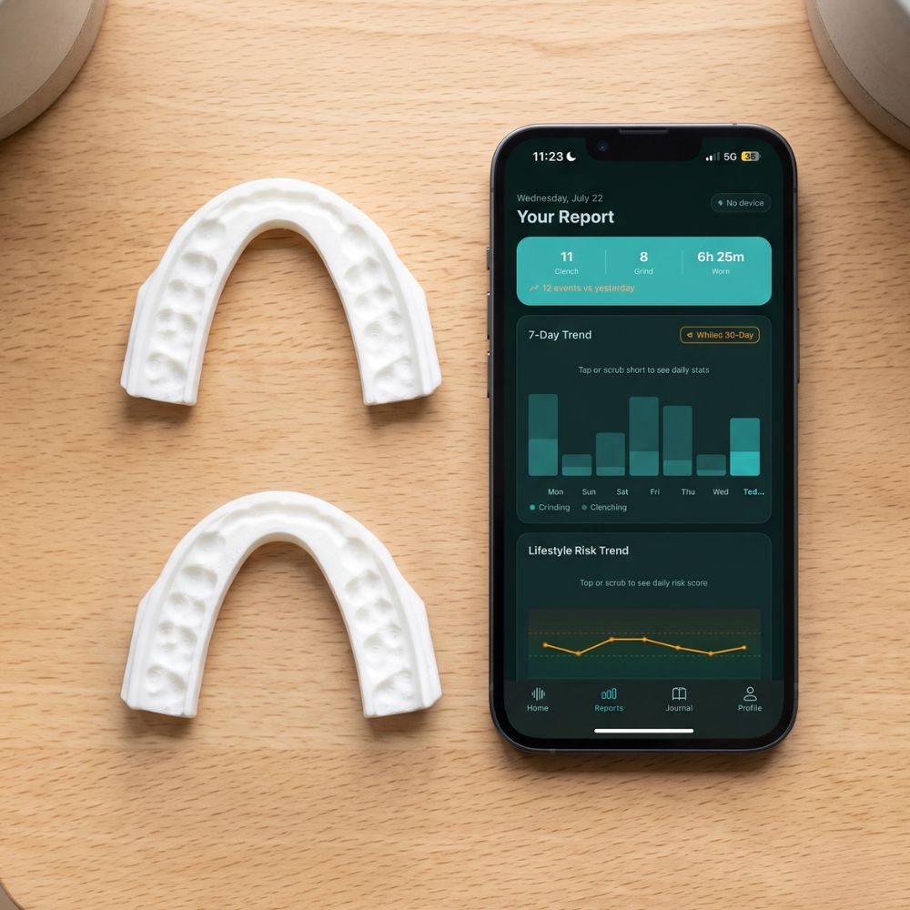 Two Jawvana Smart Guards next to the Jawvana app showing your nightly report